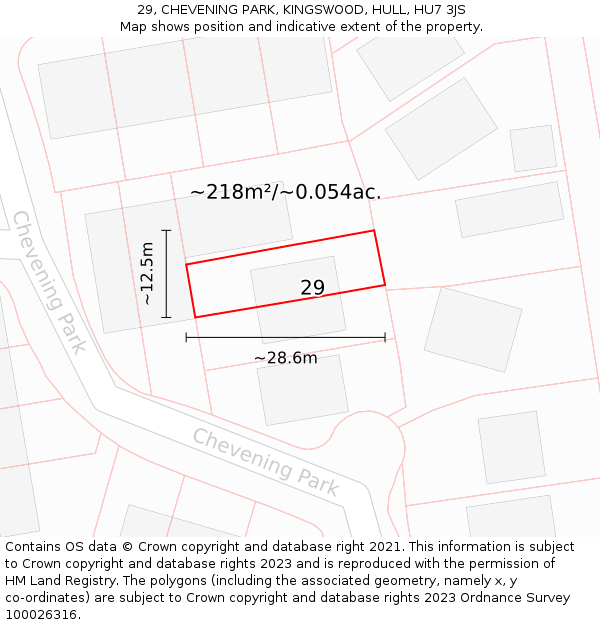 29, CHEVENING PARK, KINGSWOOD, HULL, HU7 3JS: Plot and title map