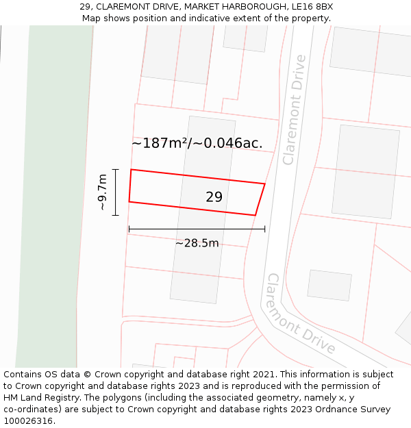 29, CLAREMONT DRIVE, MARKET HARBOROUGH, LE16 8BX: Plot and title map