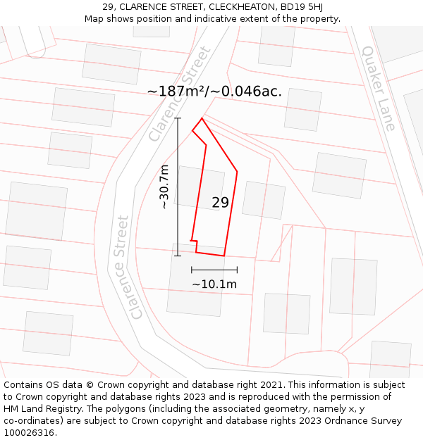 29, CLARENCE STREET, CLECKHEATON, BD19 5HJ: Plot and title map