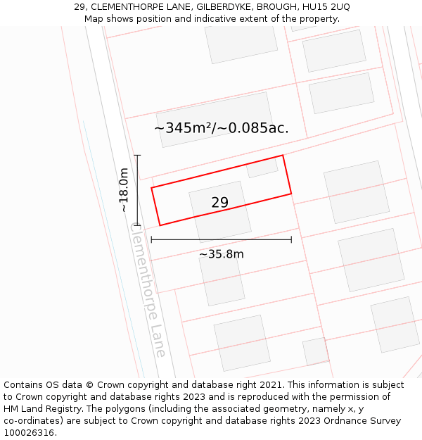 29, CLEMENTHORPE LANE, GILBERDYKE, BROUGH, HU15 2UQ: Plot and title map