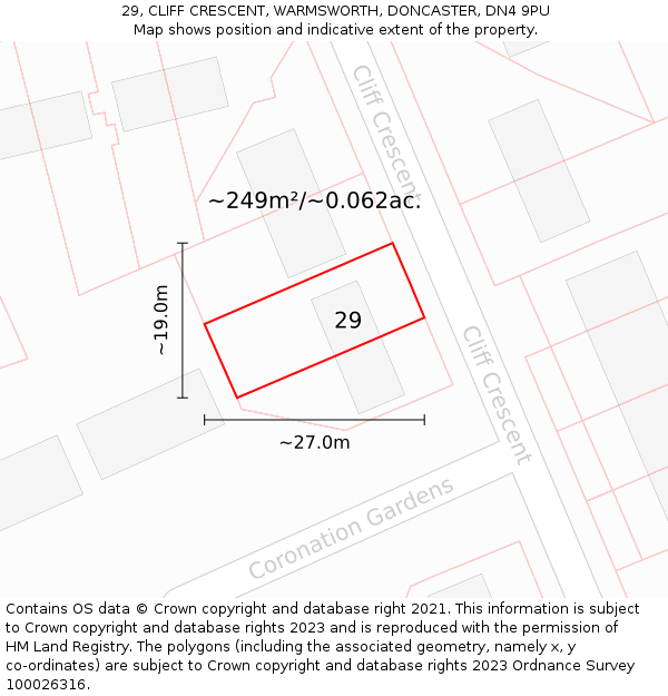 29, CLIFF CRESCENT, WARMSWORTH, DONCASTER, DN4 9PU: Plot and title map