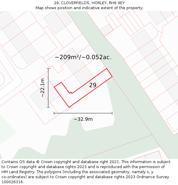 29, CLOVERFIELDS, HORLEY, RH6 9EY: Plot and title map