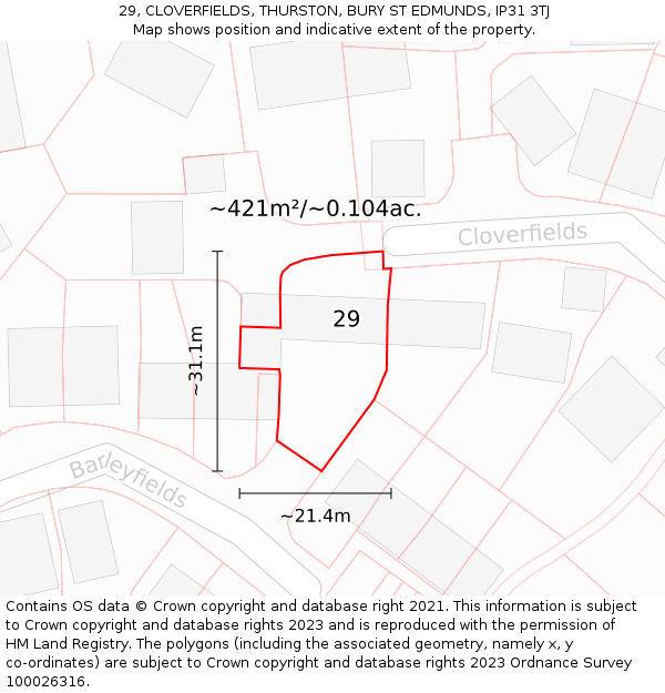 29, CLOVERFIELDS, THURSTON, BURY ST EDMUNDS, IP31 3TJ: Plot and title map