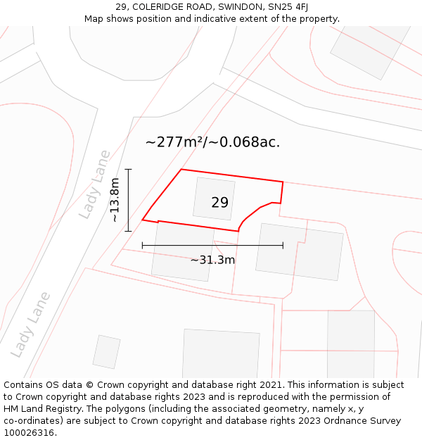 29, COLERIDGE ROAD, SWINDON, SN25 4FJ: Plot and title map