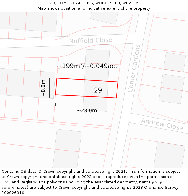 29, COMER GARDENS, WORCESTER, WR2 6JA: Plot and title map