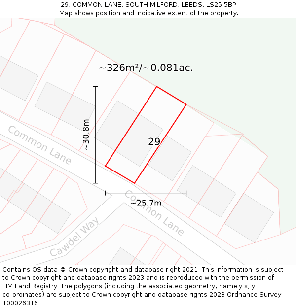 29, COMMON LANE, SOUTH MILFORD, LEEDS, LS25 5BP: Plot and title map