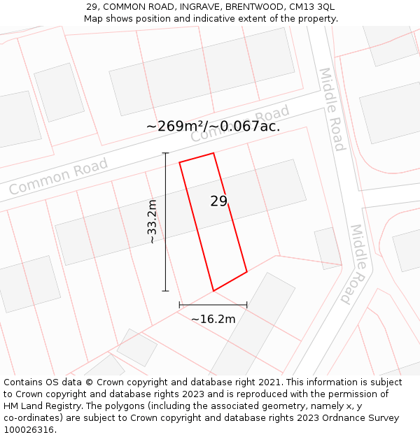 29, COMMON ROAD, INGRAVE, BRENTWOOD, CM13 3QL: Plot and title map