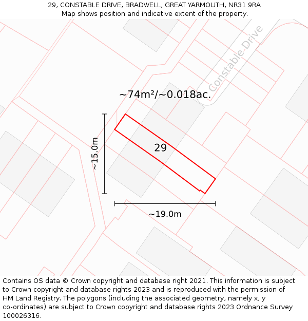 29, CONSTABLE DRIVE, BRADWELL, GREAT YARMOUTH, NR31 9RA: Plot and title map