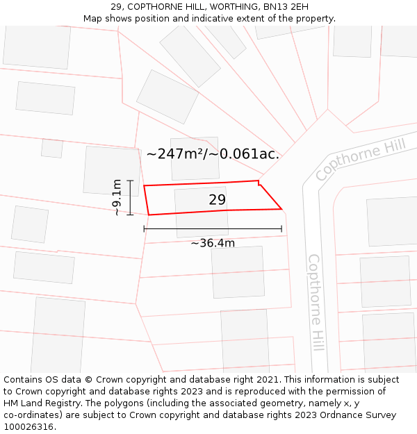29, COPTHORNE HILL, WORTHING, BN13 2EH: Plot and title map