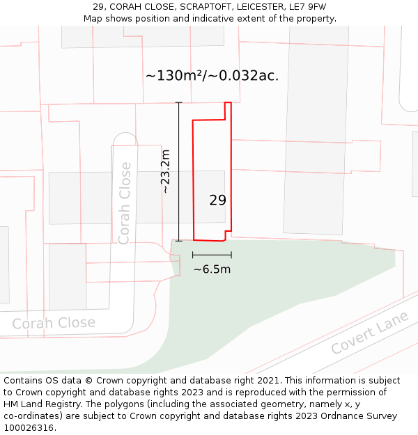 29, CORAH CLOSE, SCRAPTOFT, LEICESTER, LE7 9FW: Plot and title map