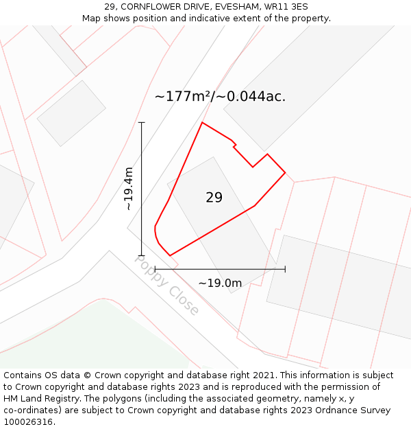 29, CORNFLOWER DRIVE, EVESHAM, WR11 3ES: Plot and title map
