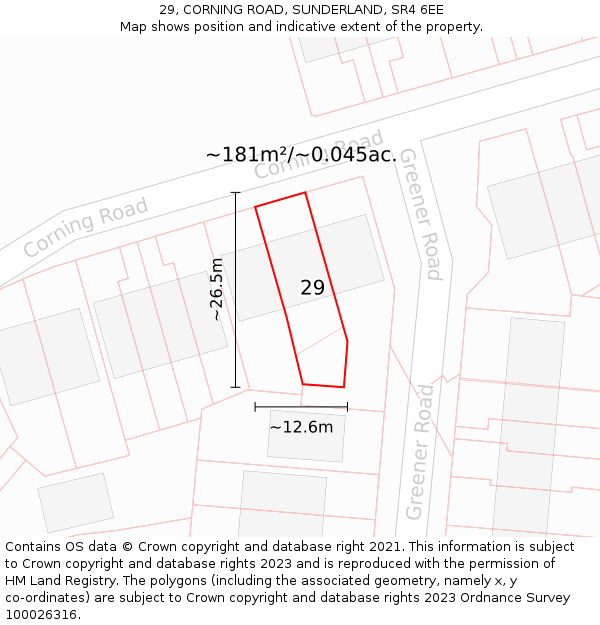 29, CORNING ROAD, SUNDERLAND, SR4 6EE: Plot and title map