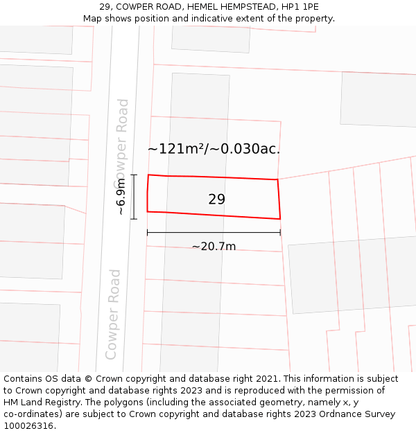 29, COWPER ROAD, HEMEL HEMPSTEAD, HP1 1PE: Plot and title map
