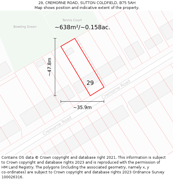 29, CREMORNE ROAD, SUTTON COLDFIELD, B75 5AH: Plot and title map
