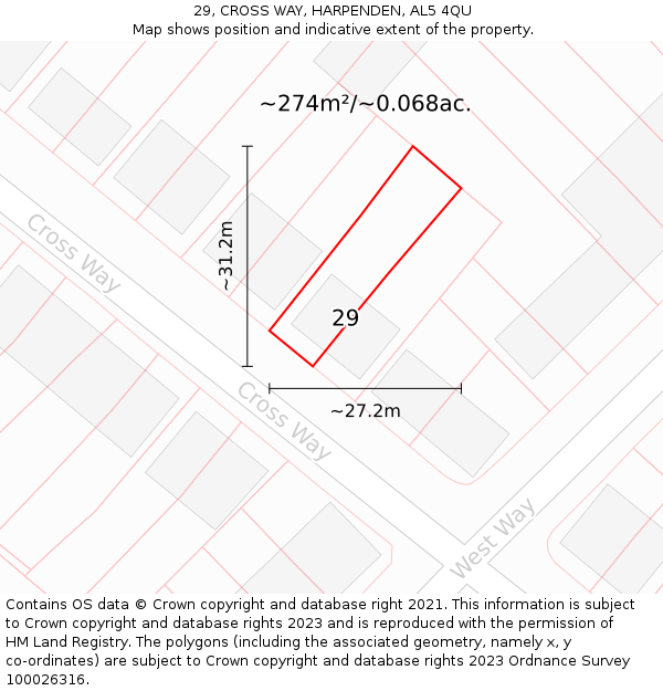 29, CROSS WAY, HARPENDEN, AL5 4QU: Plot and title map
