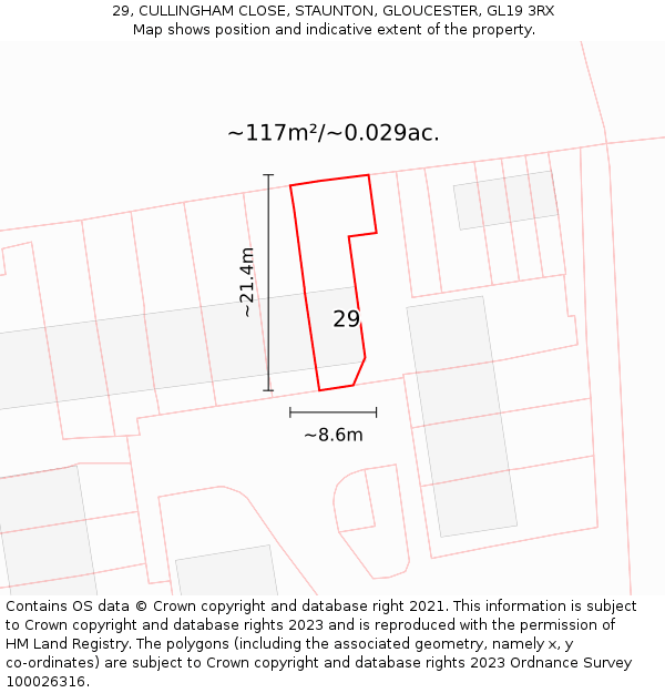 29, CULLINGHAM CLOSE, STAUNTON, GLOUCESTER, GL19 3RX: Plot and title map