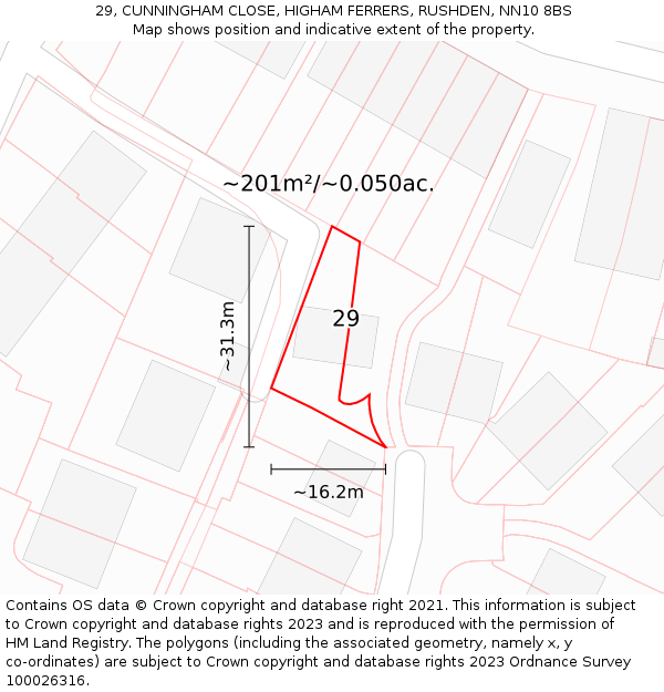 29, CUNNINGHAM CLOSE, HIGHAM FERRERS, RUSHDEN, NN10 8BS: Plot and title map