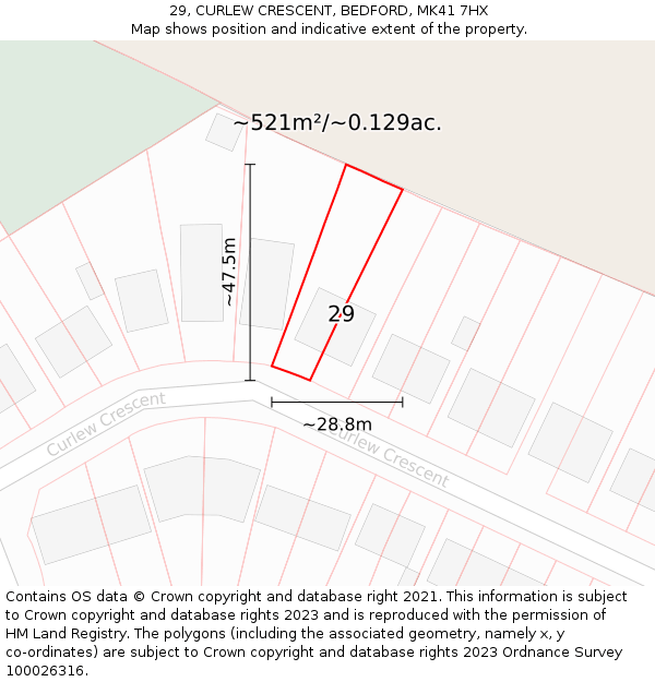 29, CURLEW CRESCENT, BEDFORD, MK41 7HX: Plot and title map