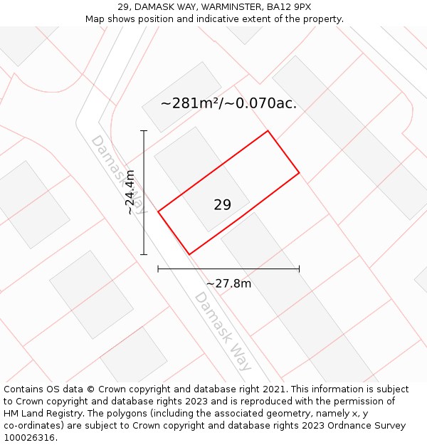 29, DAMASK WAY, WARMINSTER, BA12 9PX: Plot and title map