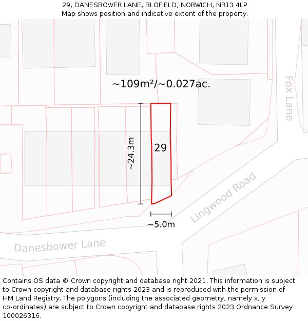 29, DANESBOWER LANE, BLOFIELD, NORWICH, NR13 4LP: Plot and title map