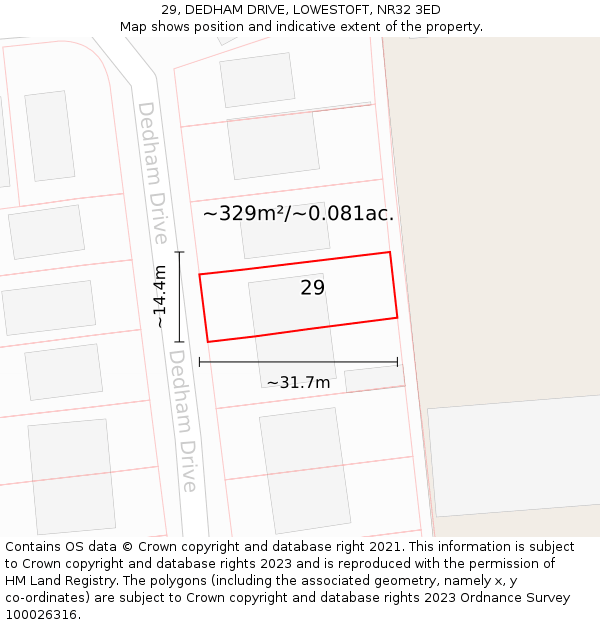 29, DEDHAM DRIVE, LOWESTOFT, NR32 3ED: Plot and title map