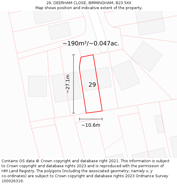 29, DEERHAM CLOSE, BIRMINGHAM, B23 5XX: Plot and title map