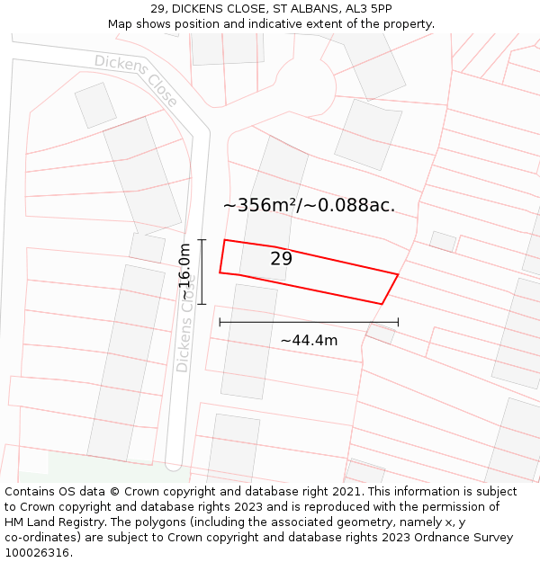 29, DICKENS CLOSE, ST ALBANS, AL3 5PP: Plot and title map