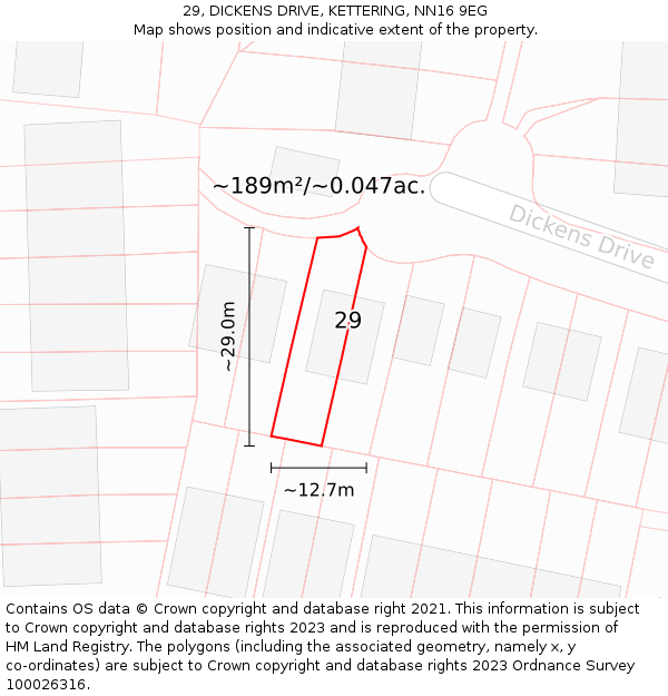 29, DICKENS DRIVE, KETTERING, NN16 9EG: Plot and title map