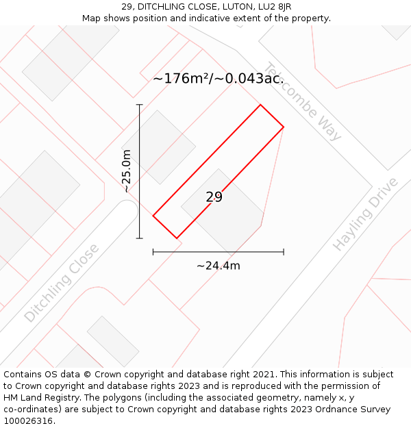 29, DITCHLING CLOSE, LUTON, LU2 8JR: Plot and title map