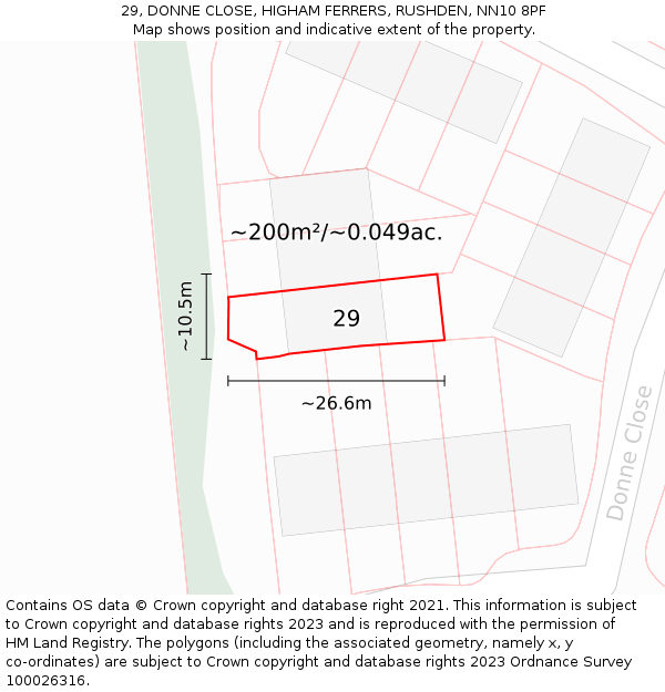 29, DONNE CLOSE, HIGHAM FERRERS, RUSHDEN, NN10 8PF: Plot and title map