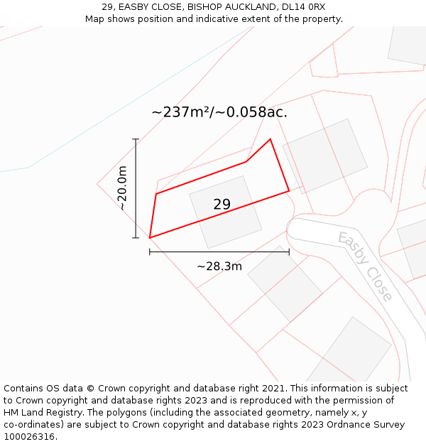29, EASBY CLOSE, BISHOP AUCKLAND, DL14 0RX: Plot and title map