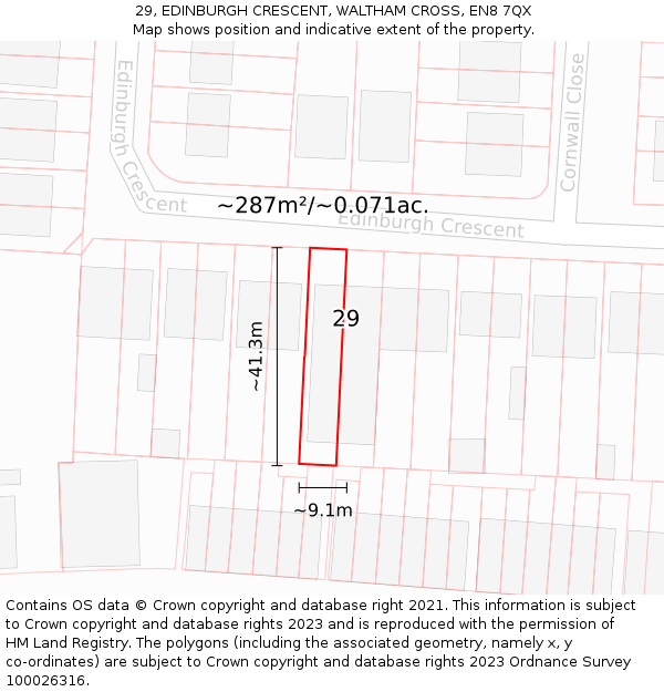 29, EDINBURGH CRESCENT, WALTHAM CROSS, EN8 7QX: Plot and title map