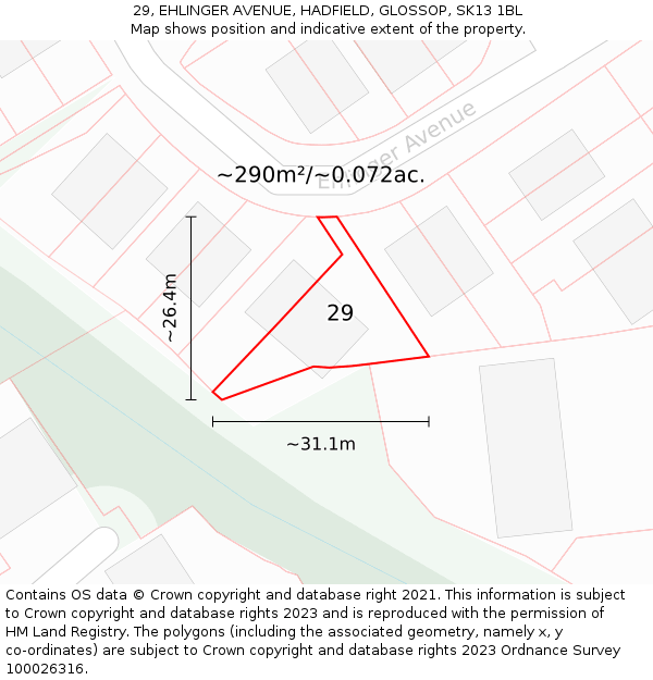 29, EHLINGER AVENUE, HADFIELD, GLOSSOP, SK13 1BL: Plot and title map