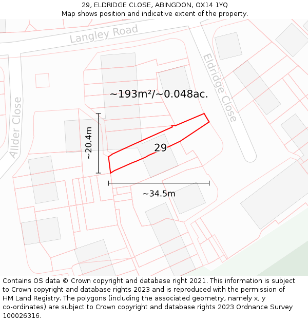 29, ELDRIDGE CLOSE, ABINGDON, OX14 1YQ: Plot and title map