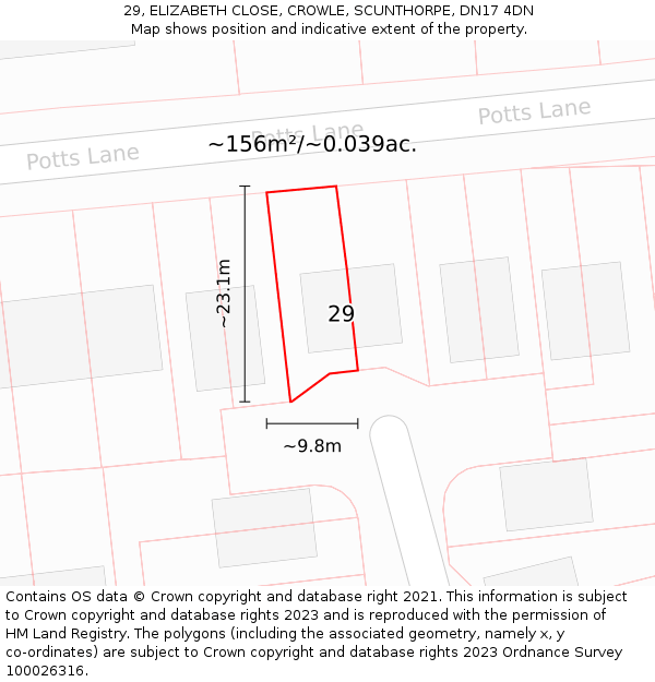 29, ELIZABETH CLOSE, CROWLE, SCUNTHORPE, DN17 4DN: Plot and title map