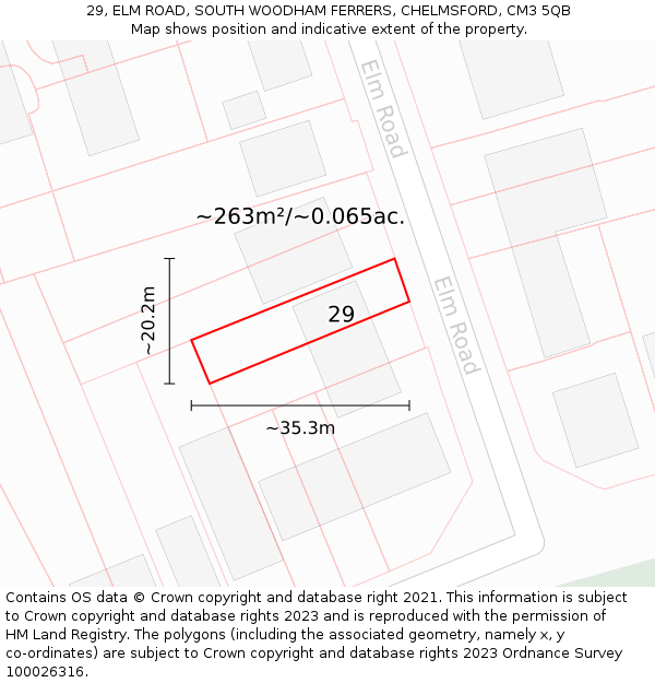 29, ELM ROAD, SOUTH WOODHAM FERRERS, CHELMSFORD, CM3 5QB: Plot and title map