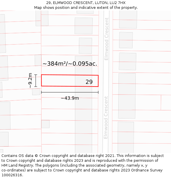 29, ELMWOOD CRESCENT, LUTON, LU2 7HX: Plot and title map