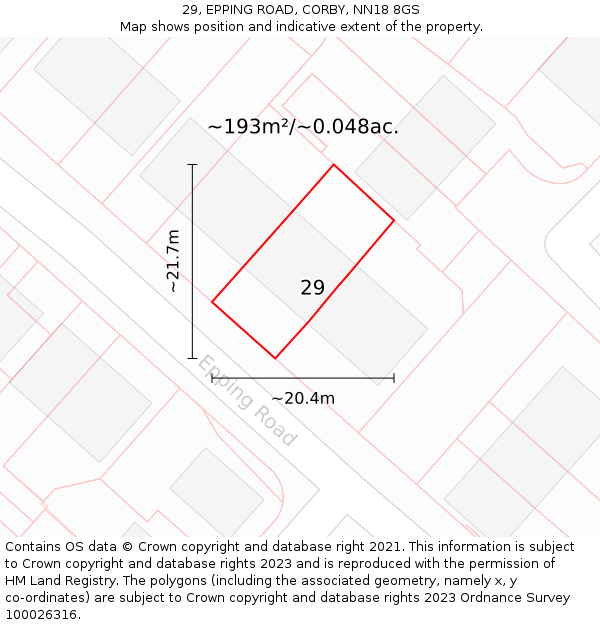 29, EPPING ROAD, CORBY, NN18 8GS: Plot and title map