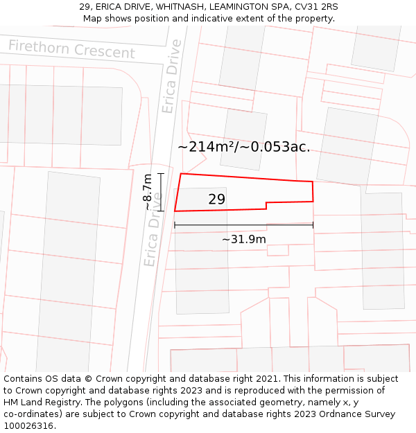 29, ERICA DRIVE, WHITNASH, LEAMINGTON SPA, CV31 2RS: Plot and title map