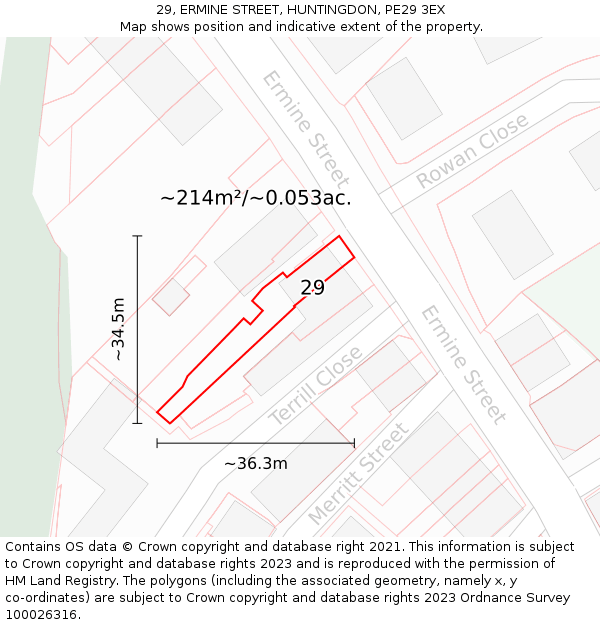 29, ERMINE STREET, HUNTINGDON, PE29 3EX: Plot and title map