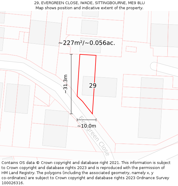 29, EVERGREEN CLOSE, IWADE, SITTINGBOURNE, ME9 8LU: Plot and title map