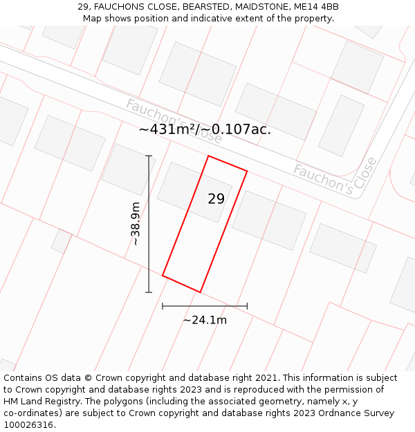 29, FAUCHONS CLOSE, BEARSTED, MAIDSTONE, ME14 4BB: Plot and title map