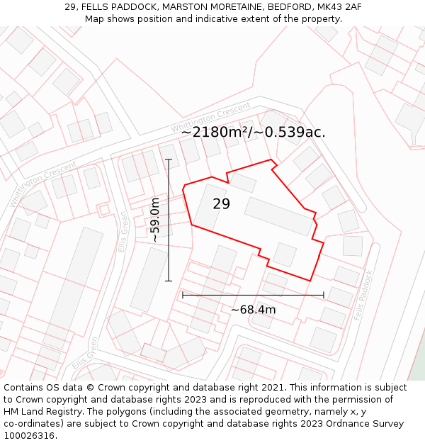 29, FELLS PADDOCK, MARSTON MORETAINE, BEDFORD, MK43 2AF: Plot and title map