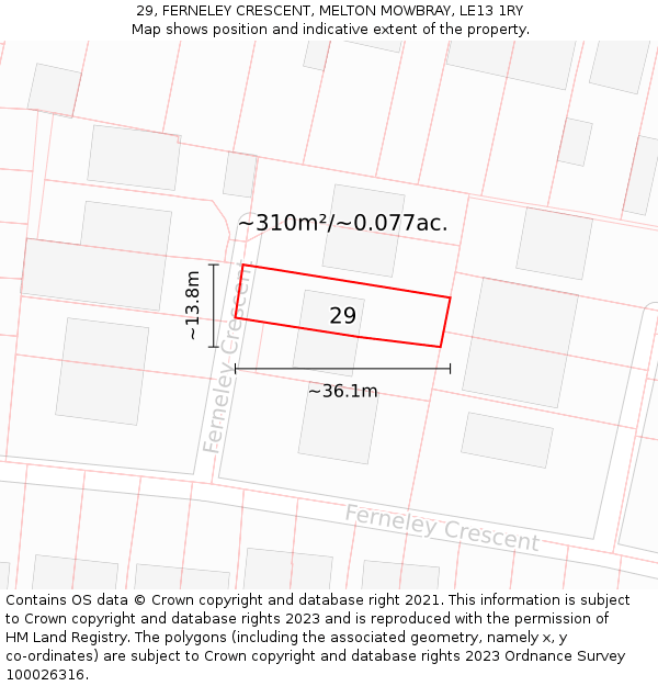29, FERNELEY CRESCENT, MELTON MOWBRAY, LE13 1RY: Plot and title map