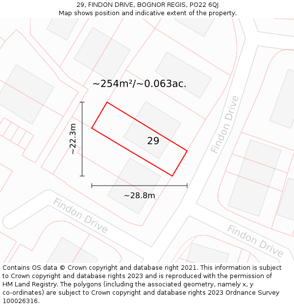 29, FINDON DRIVE, BOGNOR REGIS, PO22 6QJ: Plot and title map