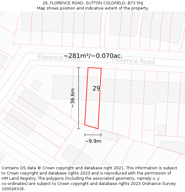 29, FLORENCE ROAD, SUTTON COLDFIELD, B73 5NJ: Plot and title map