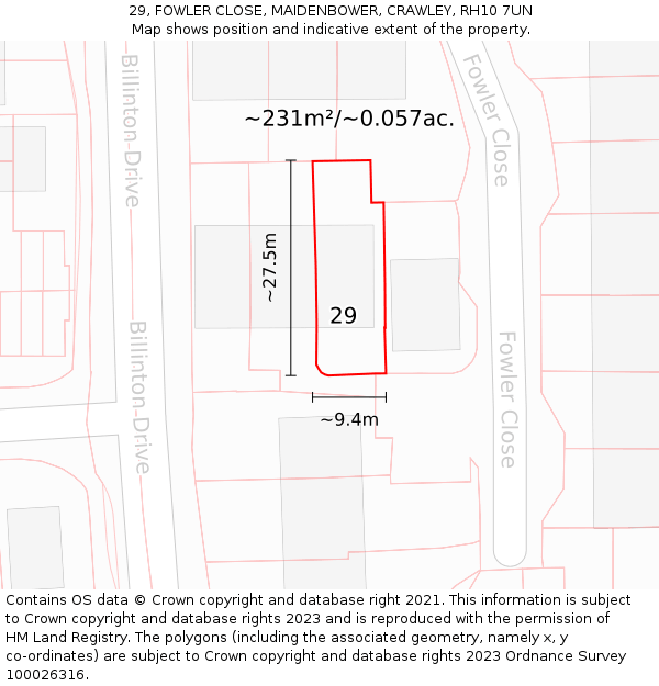29, FOWLER CLOSE, MAIDENBOWER, CRAWLEY, RH10 7UN: Plot and title map