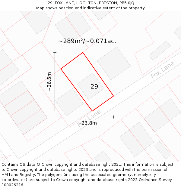 29, FOX LANE, HOGHTON, PRESTON, PR5 0JQ: Plot and title map