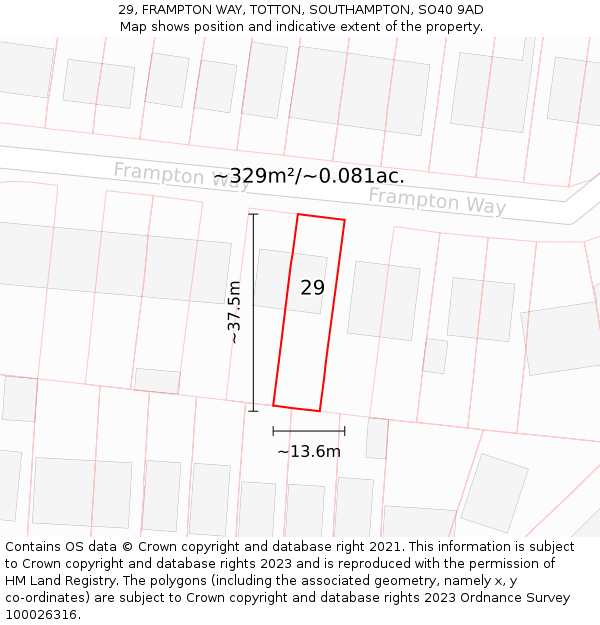 29, FRAMPTON WAY, TOTTON, SOUTHAMPTON, SO40 9AD: Plot and title map