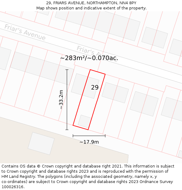 29, FRIARS AVENUE, NORTHAMPTON, NN4 8PY: Plot and title map